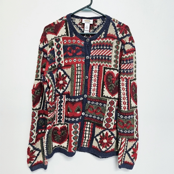 Talbots Christmas Colorful Ramie&Cotton Patchwork Cardigan Sz Large Open Sweater - Picture 2 of 13